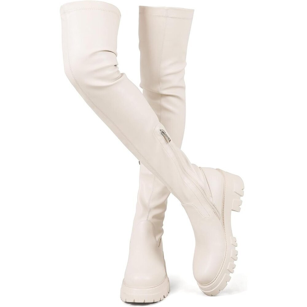 Women's Beige Leather High Thigh Over-the-Knee Stretch lug Sole Heel Boot